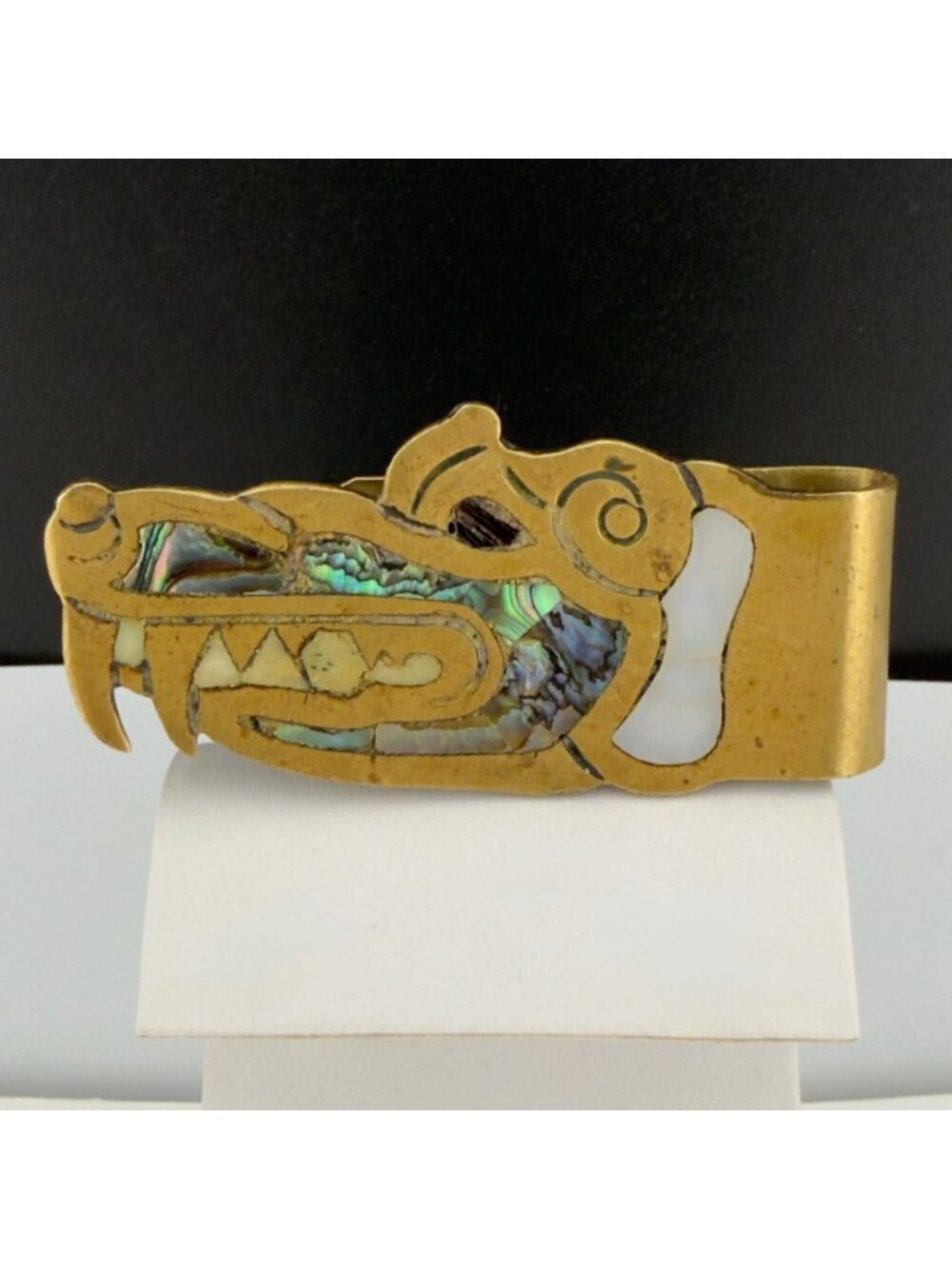 Vintage Dragon Money Clip Brass Abalone 2.5"